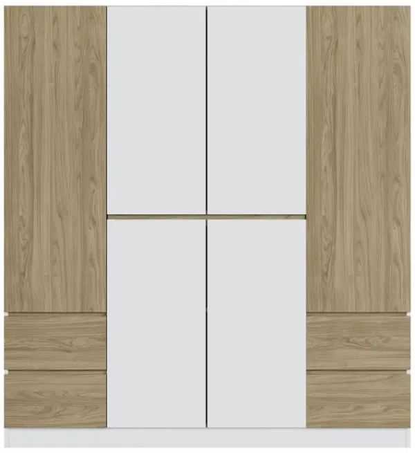 6 Doors Wardrobe Storage For Bedroom, With 4 Drawers - White / Nature
