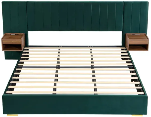 Upholstered Bed Frame Of Velvet Tufted Headboard With Floating Nightstand LED / USB Built