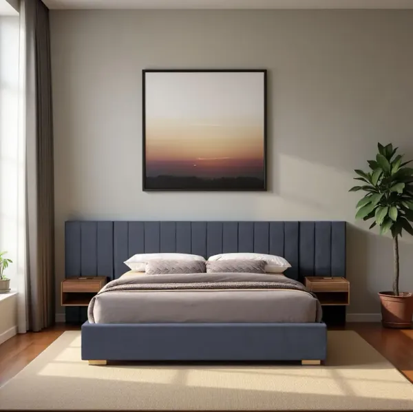 Upholstered Bed Frame Of Velvet Tufted Headboard With Floating Nightstand LED / USB Built