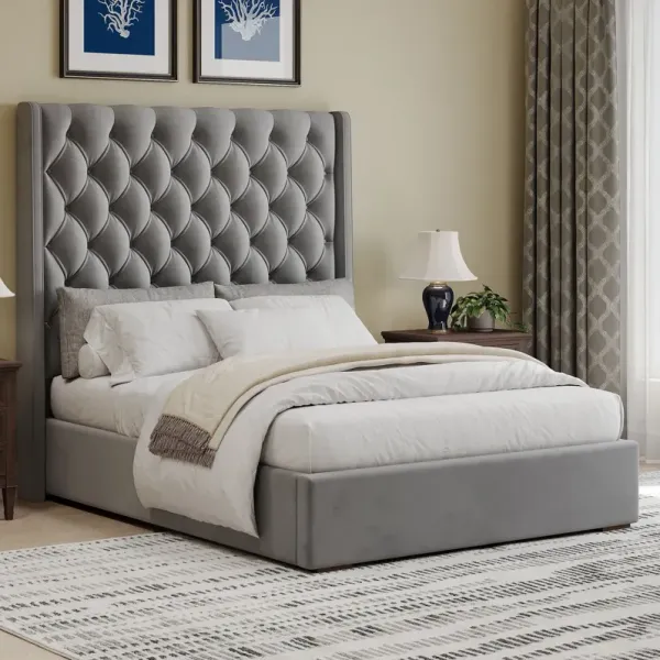 Tall Headboard Upholstered Bed With Handmade Deep Button Tufted, Box Spring Needed