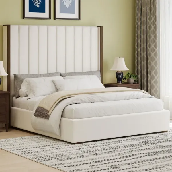 Tall Headboard Upholstered Bed With Vertical Striped And Wingback Design, Box Spring Needed