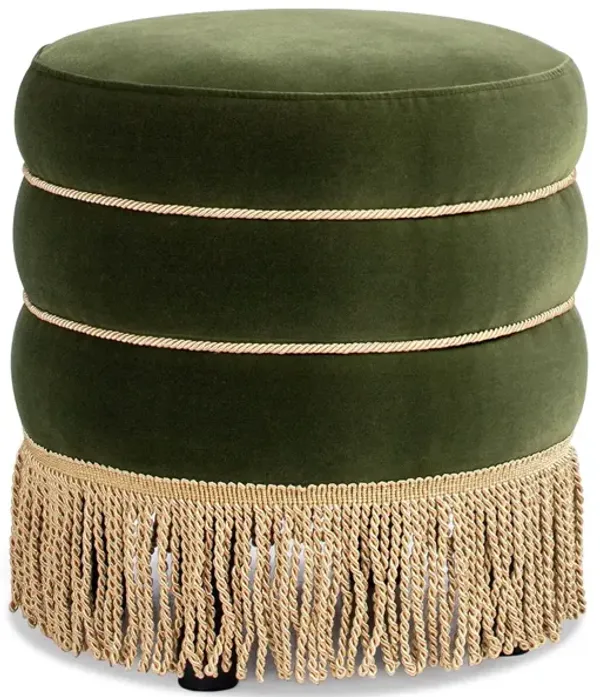 Edward - Round Upholstered Ottoman With Bullion Fringe - Olive Green