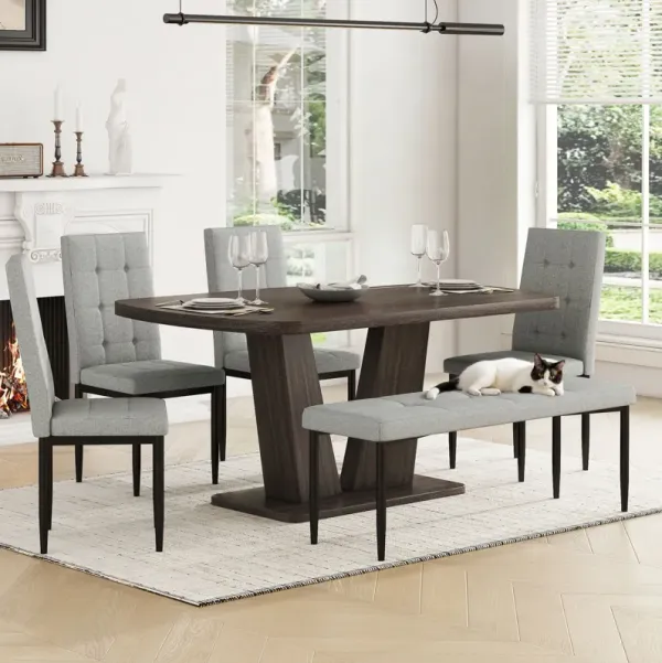 6 Piece Dining Table Set For 6, Table With V-Shaped Legs And 4 Upholstered Chairs & Bench, Modern Dining Room Set For Kitchen, Dining Room - Gray