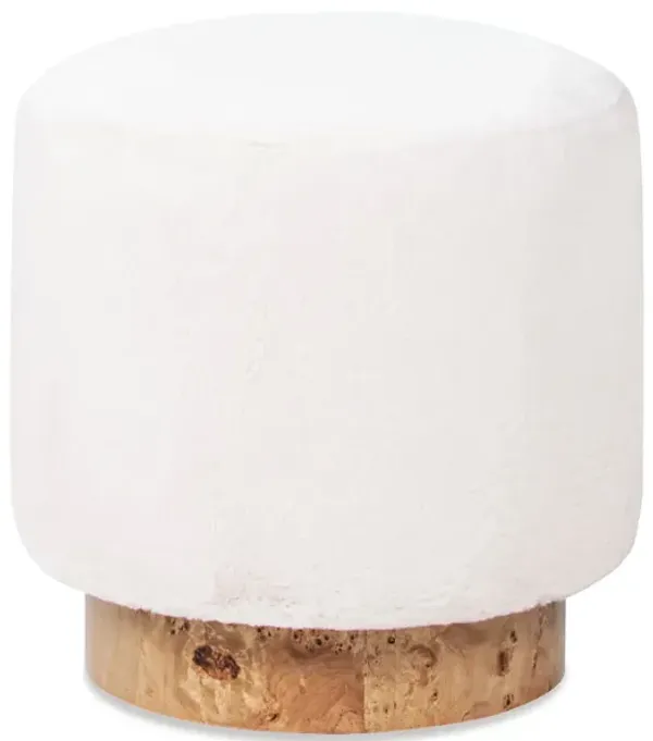 Tilly - Round Fur Upholstered / Burl Pouf Ottoman - White