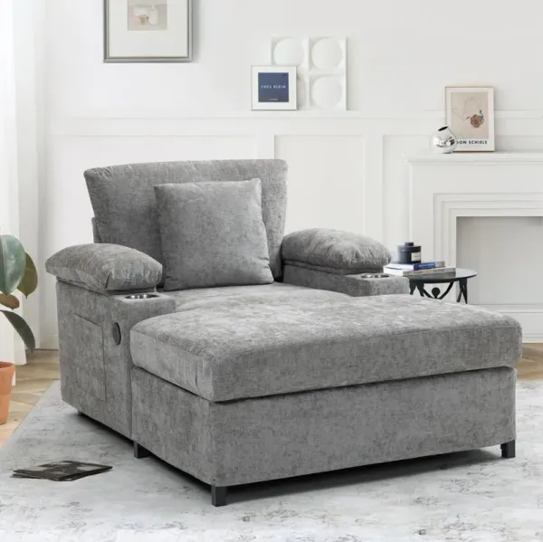 Chenille Fabric Sofa Bed With Cupholders And USB Charging Ports Chair For Living Room