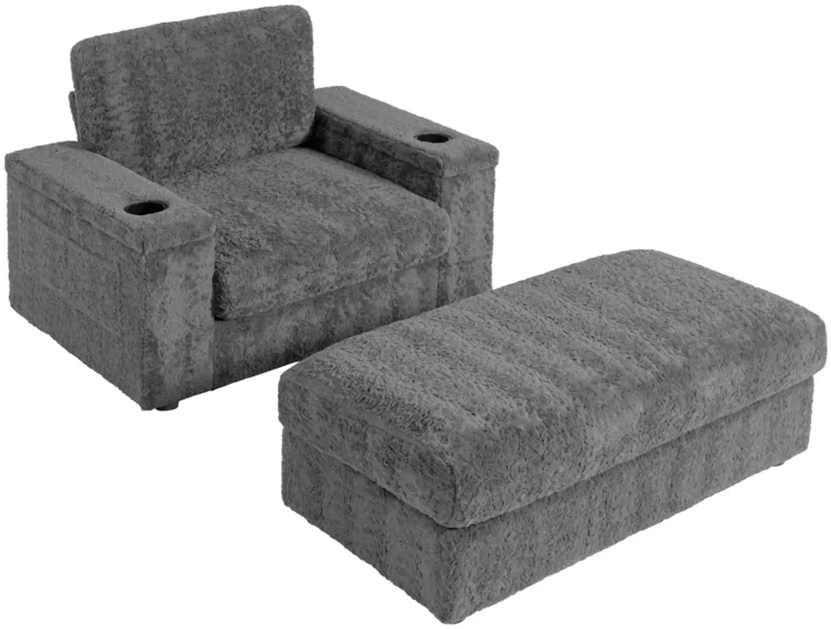 Oversized Chaise Lounge Indoor Rabbit Fur Sofa Bed With Storage Ottoman And Armrests Cup Holders With Deep Seat