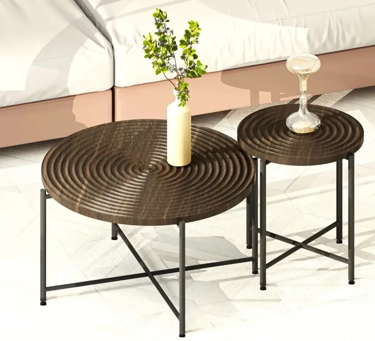 Coffee And End Table Set Waterproof Cover, Distressed Cylindrical Design, Legs Classic Rustic Charm (Set of 2)