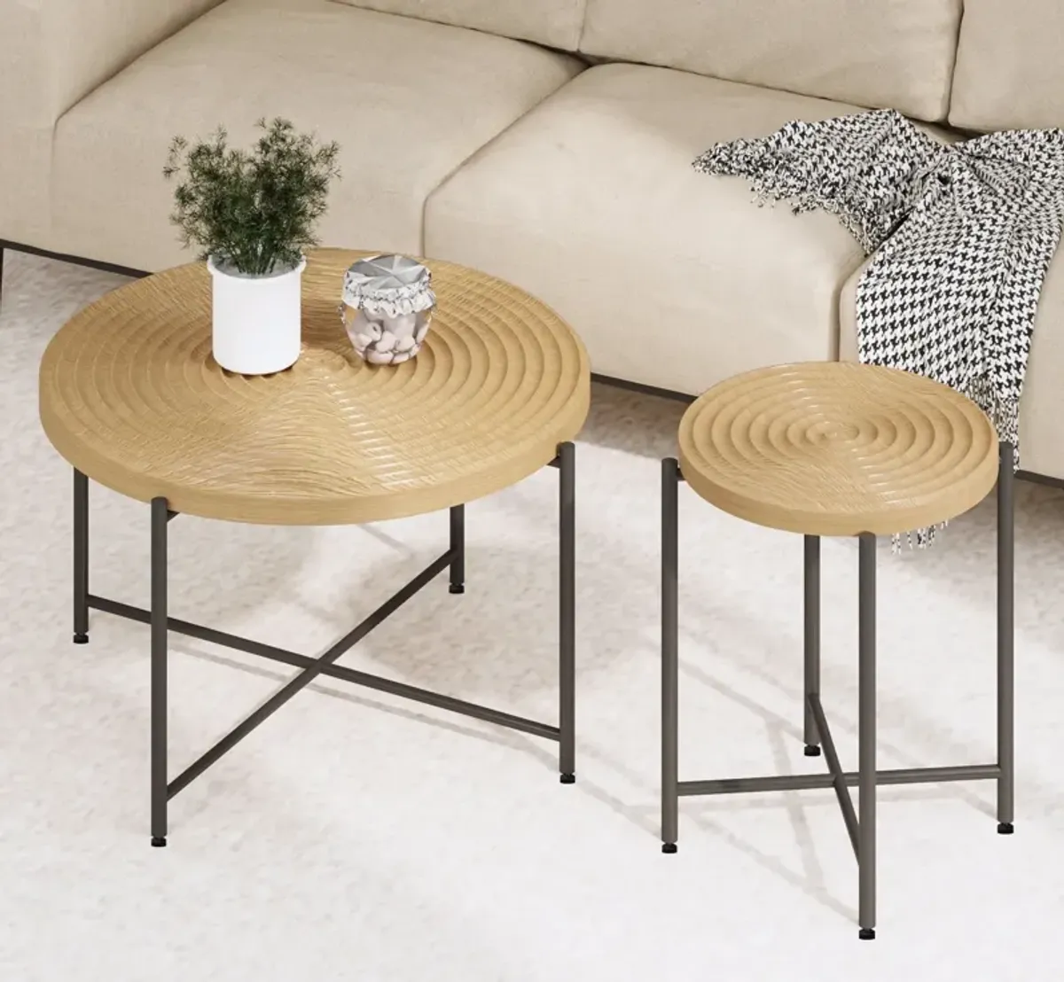 Coffee And End Table Set Waterproof Cover, Distressed Cylindrical Design, Legs Classic Rustic Charm (Set of 2)