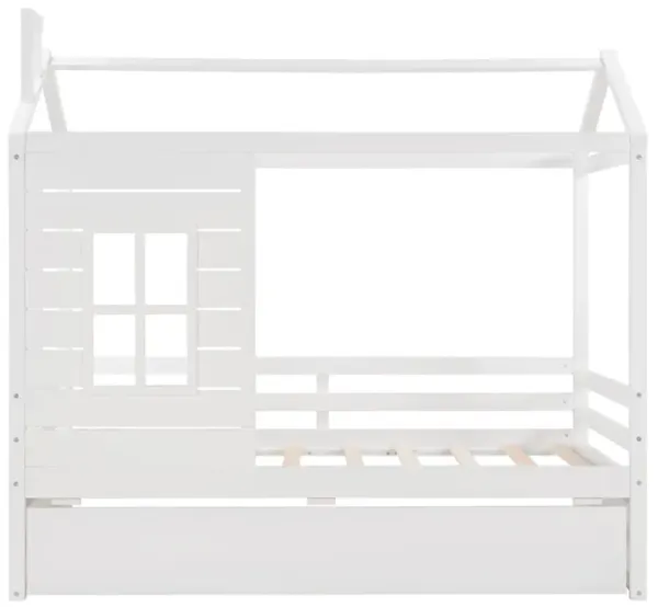 Twin Size Classic House Bed With Twin Size Trundle - White