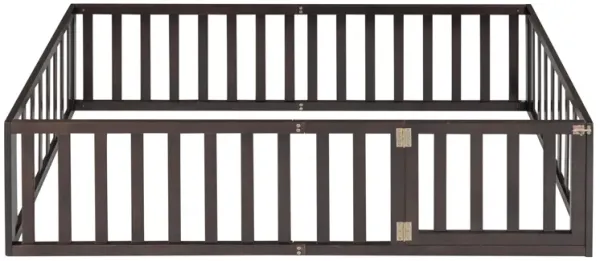 Twin Size Floor Bed Frame With Fence And Door - Walnut