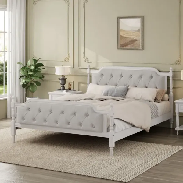 Traditional Style Solid Bed Frame With Upholstered Tufted Headboard, No Box Spring Needed