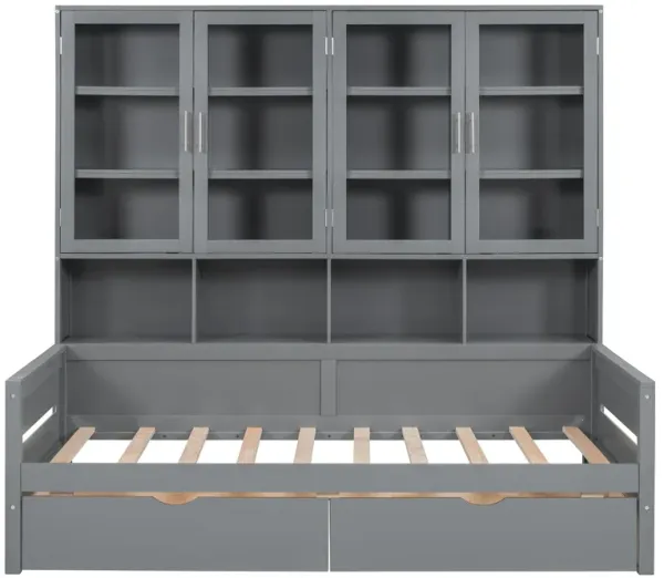 Daybed With Glass Door Storage Cabinets, Built In LED Lighting And Shelves