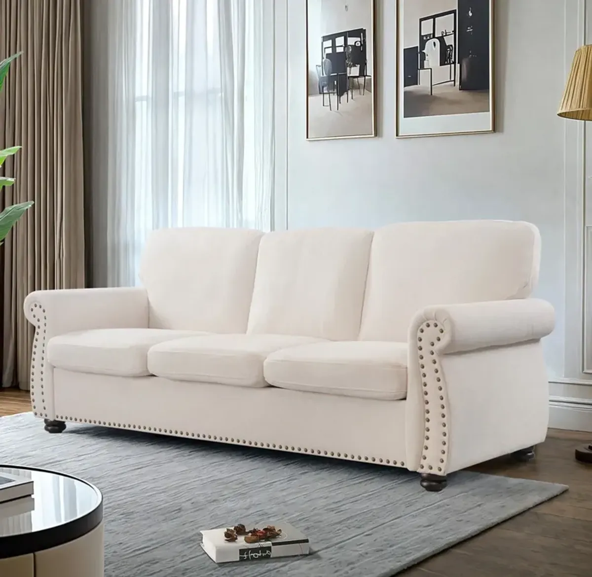 Soft Sofa, Upholstered 3 Seater Couch With High Density Foam, Loose Back Cushions And Turned Legs