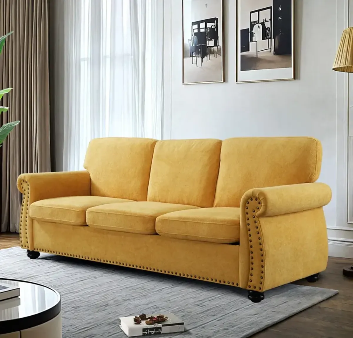 Soft Sofa, Upholstered 3 Seater Couch With High Density Foam, Loose Back Cushions And Turned Legs
