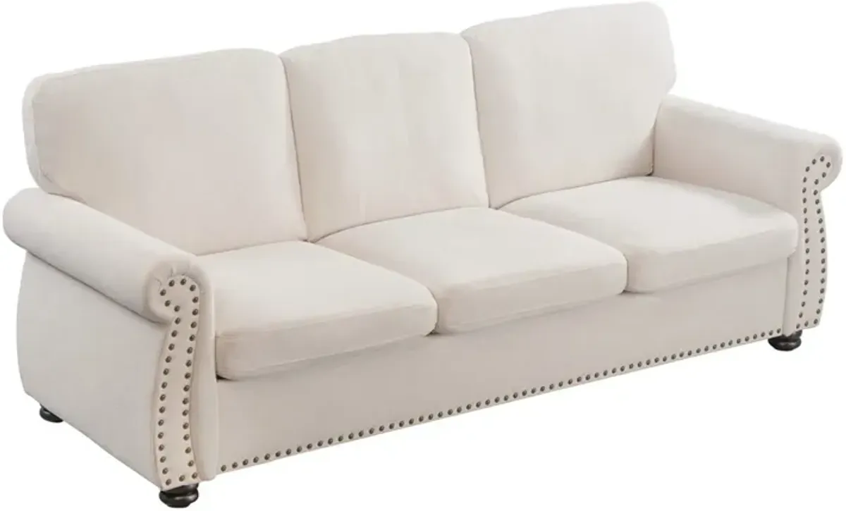 Soft Sofa, Upholstered 3 Seater Couch With High Density Foam, Loose Back Cushions And Turned Legs