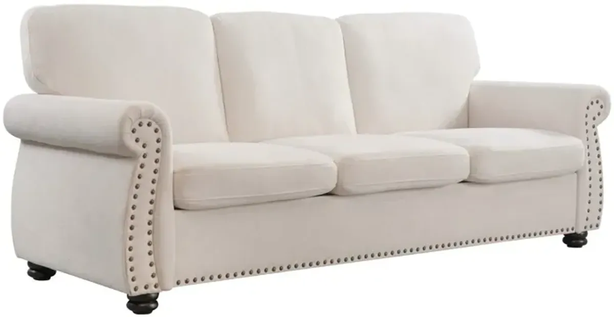 Soft Sofa, Upholstered 3 Seater Couch With High Density Foam, Loose Back Cushions And Turned Legs