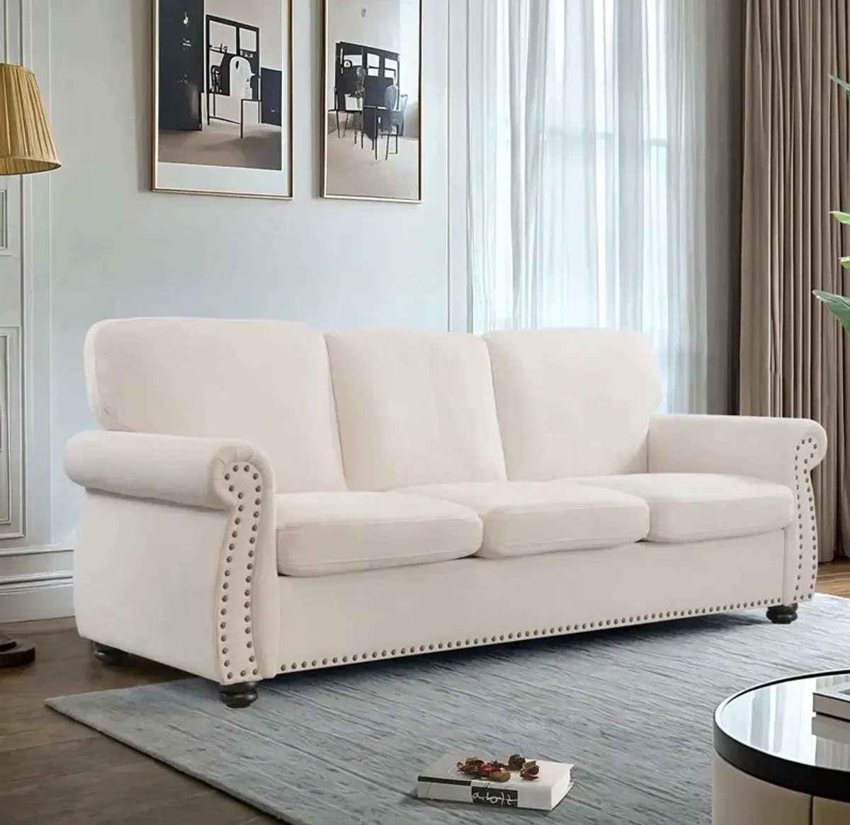 Soft Sofa, Upholstered 3 Seater Couch With High Density Foam, Loose Back Cushions And Turned Legs