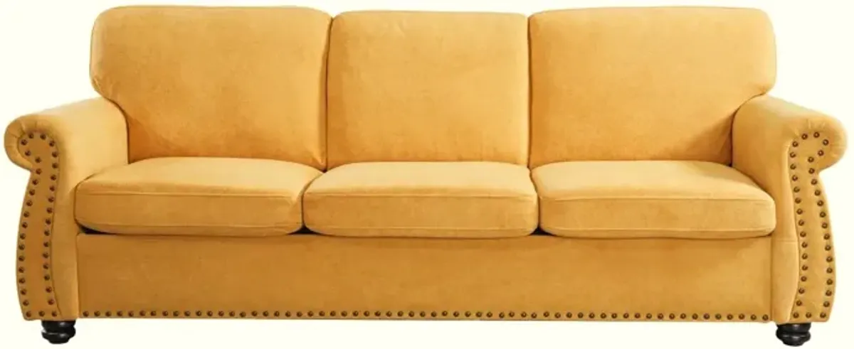 Soft Sofa, Upholstered 3 Seater Couch With High Density Foam, Loose Back Cushions And Turned Legs