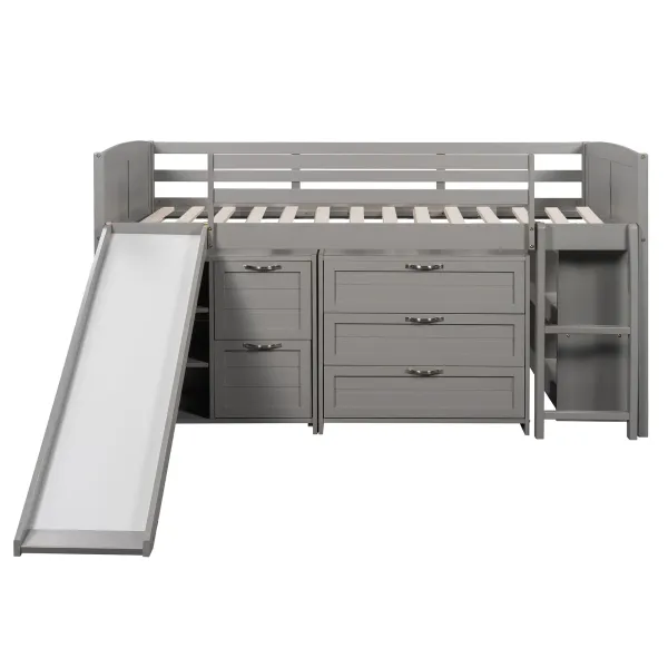 Loft Low Bed With Cabinets, Shelves And Slide