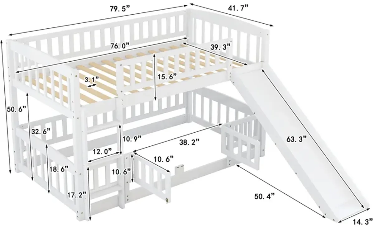 Low Bunk Bed With Slide, Fence And Ladder
