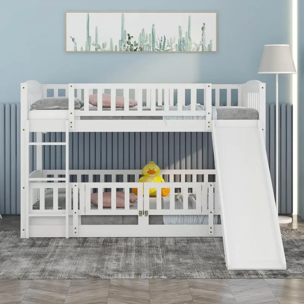 Low Bunk Bed With Slide, Fence And Ladder