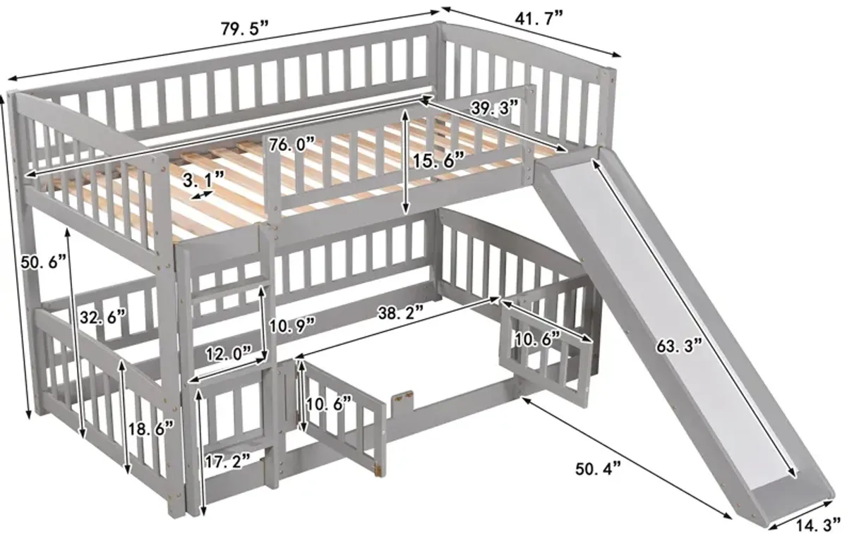 Low Bunk Bed With Slide, Fence And Ladder