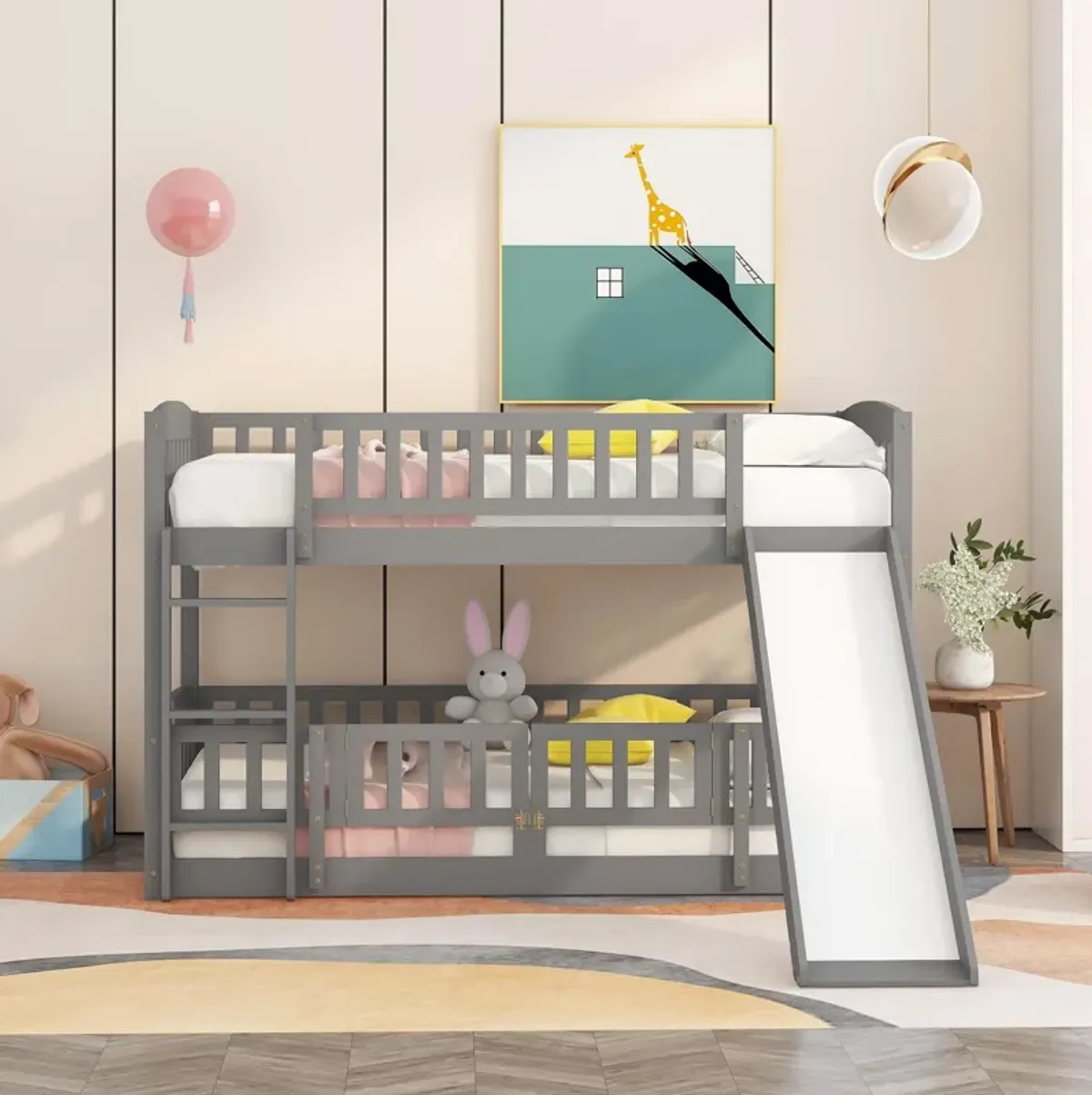 Low Bunk Bed With Slide, Fence And Ladder