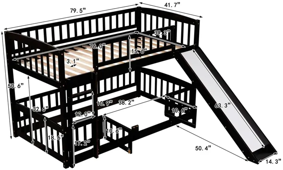 Low Bunk Bed With Slide, Fence And Ladder