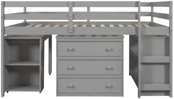 Loft Low Study Bed With Cabinet, Shelves And Rolling Portable Desk, Multiple Functions