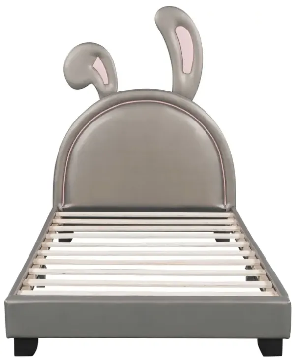 Upholstered Leather Platform Bed With Rabbit Ornament