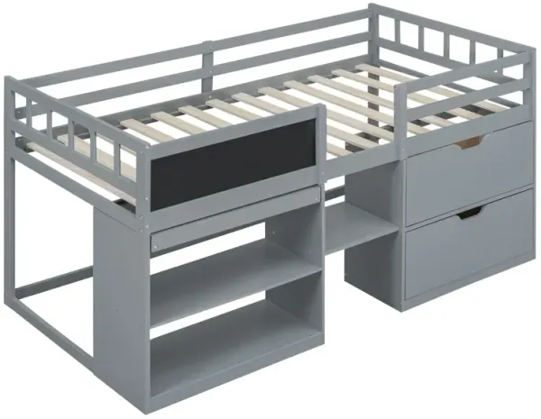 Low Loft Bed With Rolling Desk, Shelf And Drawers