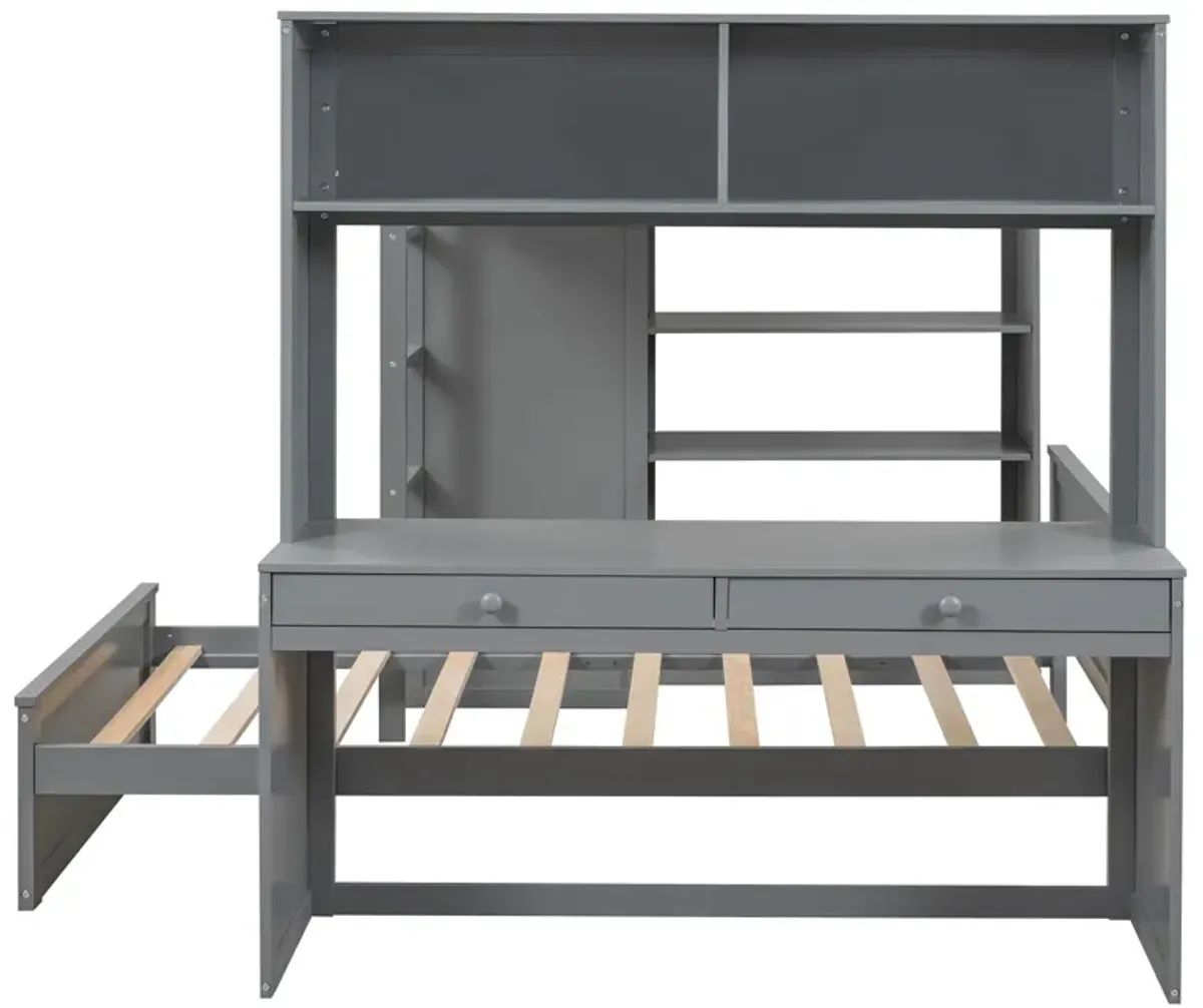 Loft Bed With A Twin Size Standalone Bed, Shelves, Desk, And Wardrobe