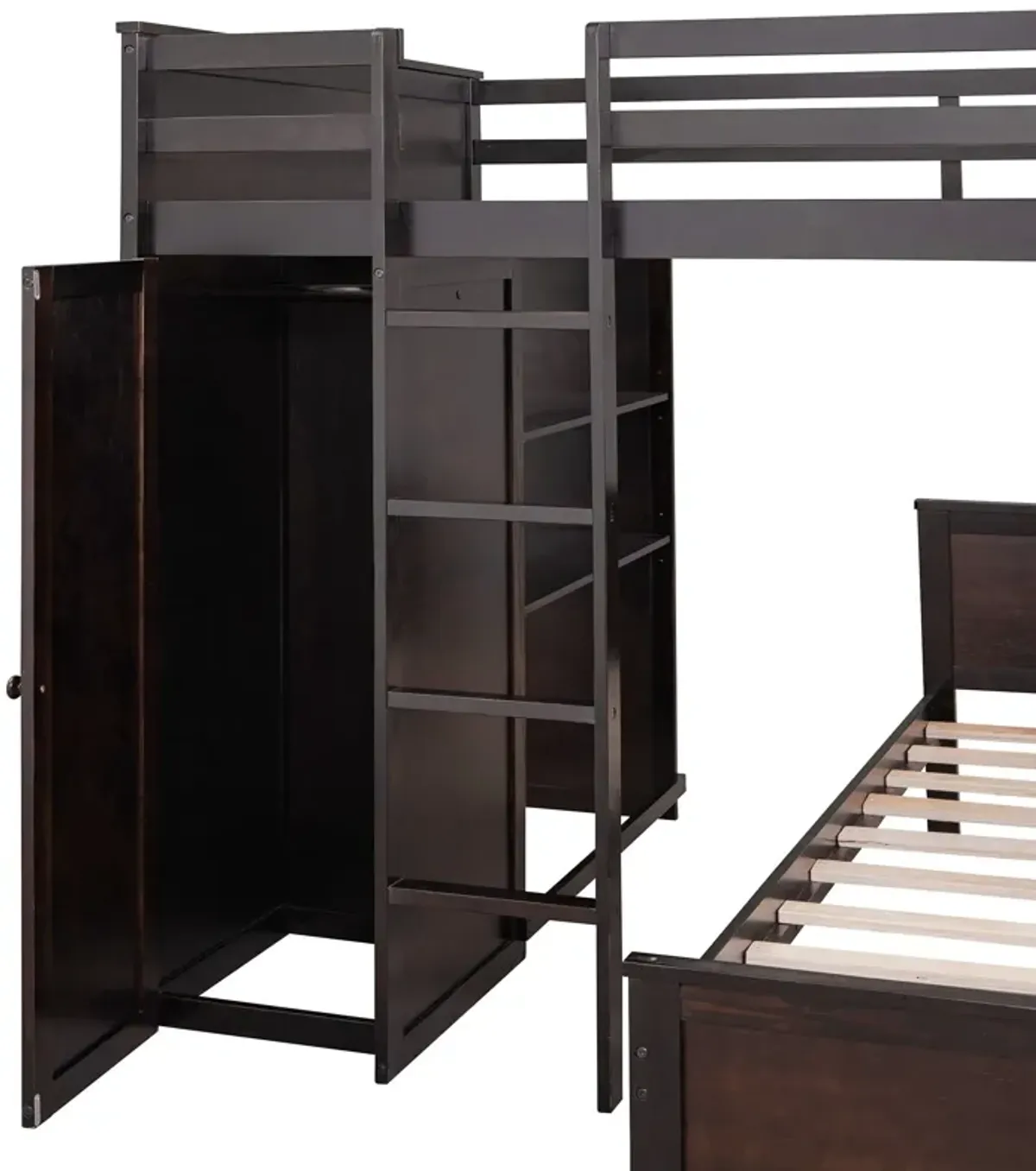 Loft Bed With A Twin Size Standalone Bed, Shelves, Desk, And Wardrobe