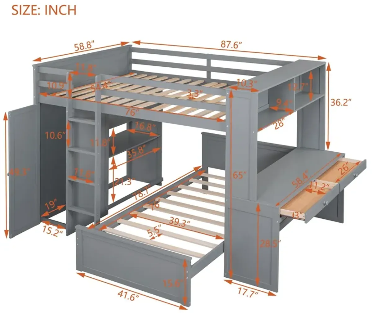 Loft Bed With A Twin Size Standalone Bed, Shelves, Desk, And Wardrobe