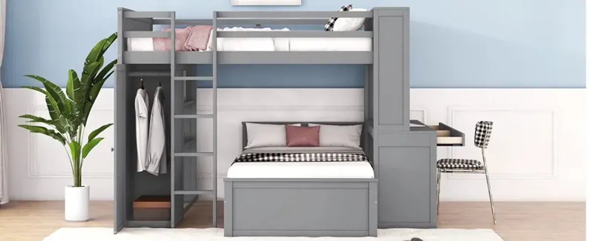 Loft Bed With A Twin Size Standalone Bed, Shelves, Desk, And Wardrobe