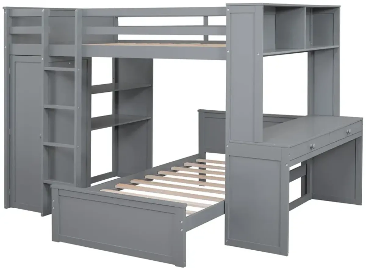 Loft Bed With A Twin Size Standalone Bed, Shelves, Desk, And Wardrobe