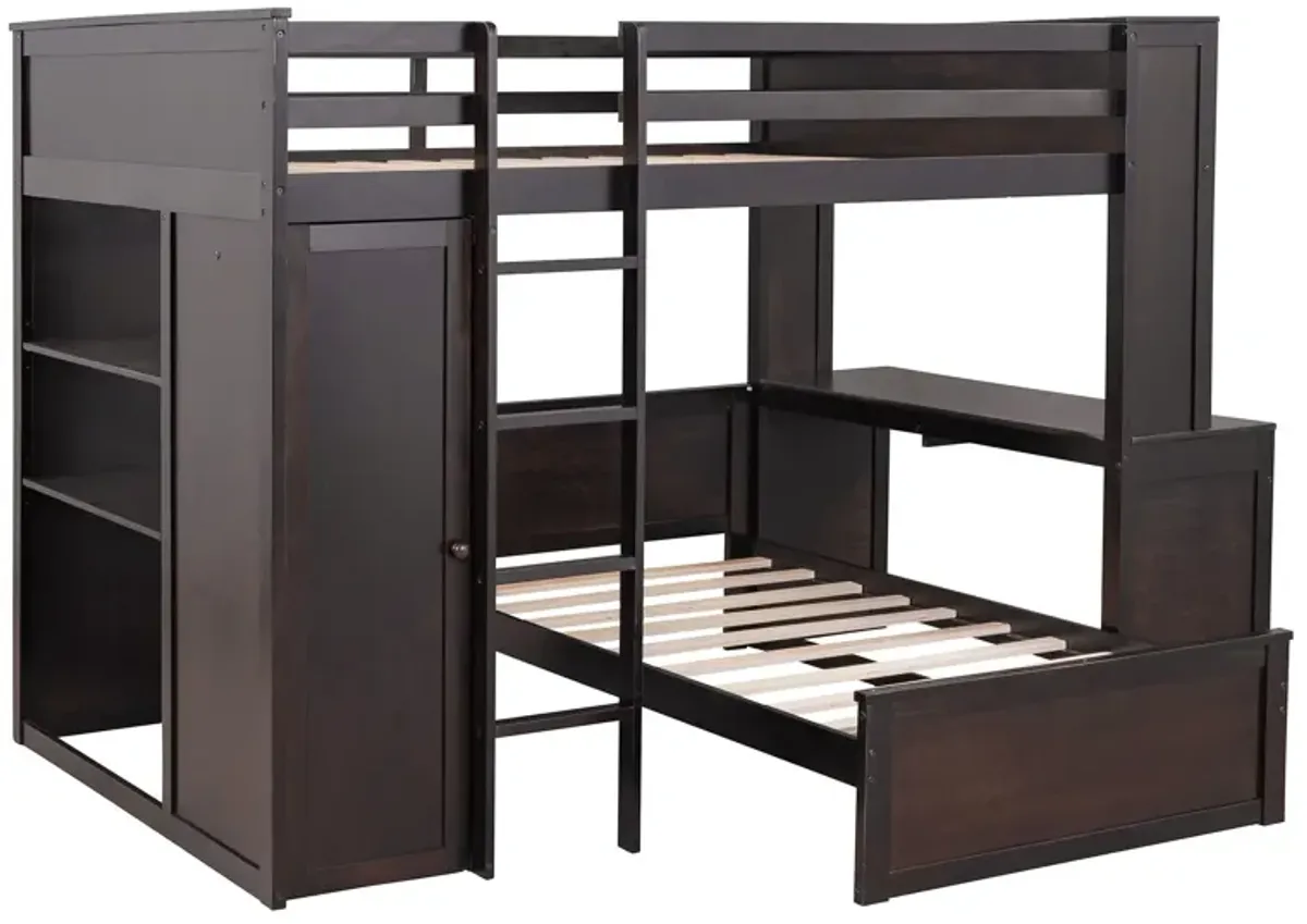 Loft Bed With A Twin Size Standalone Bed, Shelves, Desk, And Wardrobe