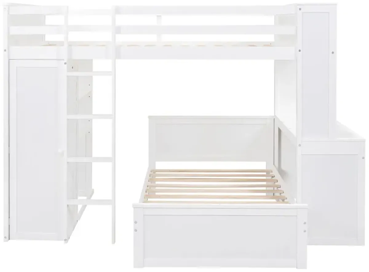 Loft Bed With A Twin Size Standalone Bed, Shelves, Desk, And Wardrobe