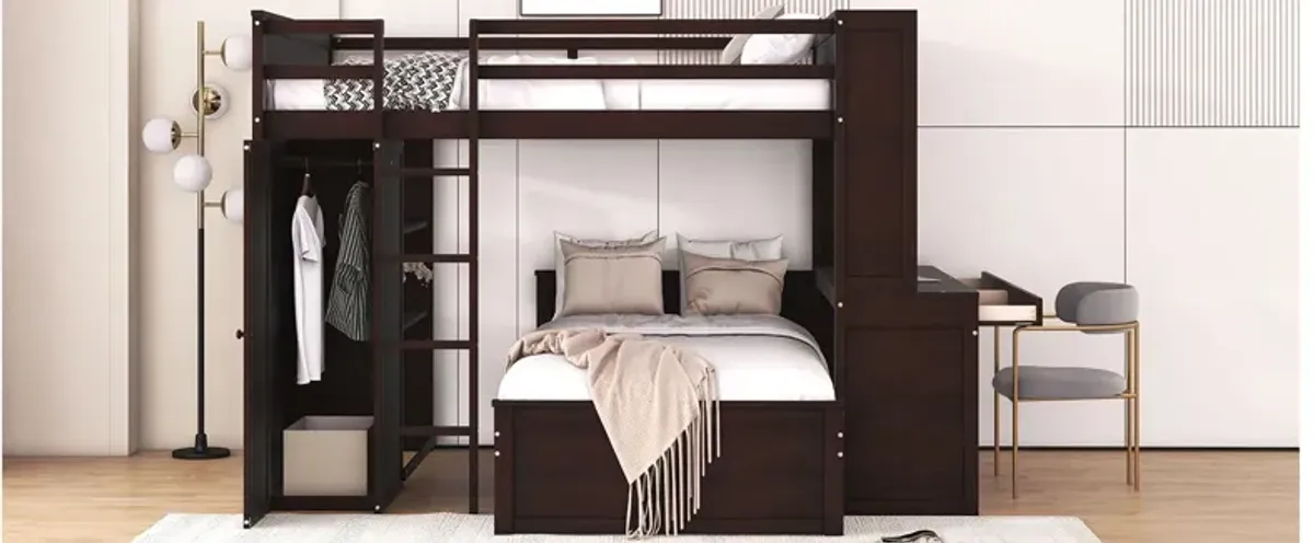Loft Bed With A Twin Size Standalone Bed, Shelves, Desk, And Wardrobe