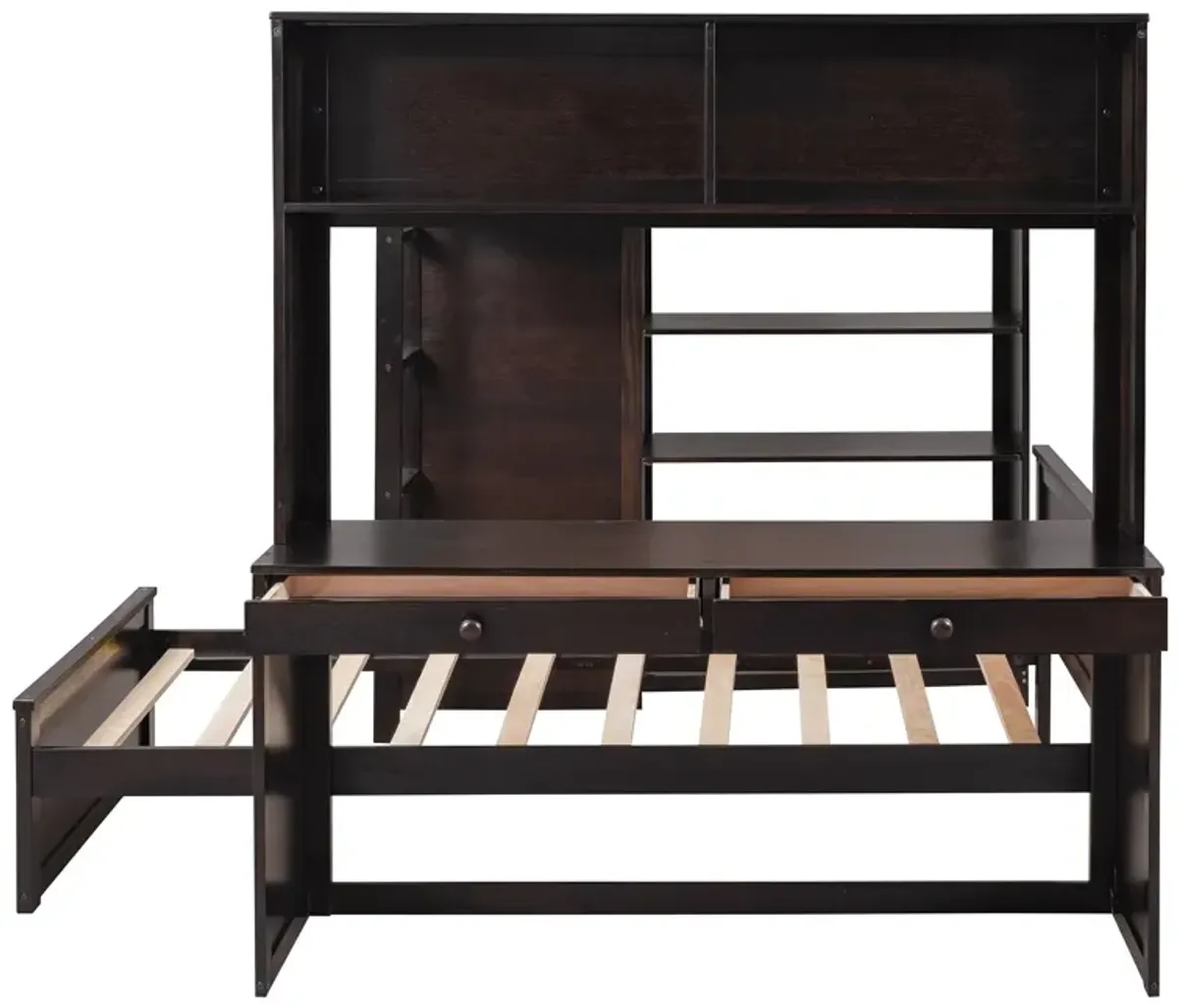 Loft Bed With A Twin Size Standalone Bed, Shelves, Desk, And Wardrobe