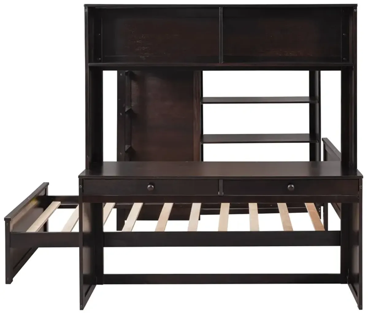 Loft Bed With A Twin Size Standalone Bed, Shelves, Desk, And Wardrobe