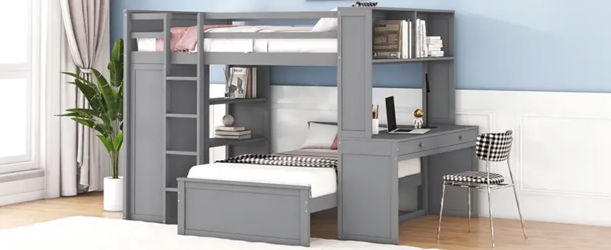 Loft Bed With A Twin Size Standalone Bed, Shelves, Desk, And Wardrobe