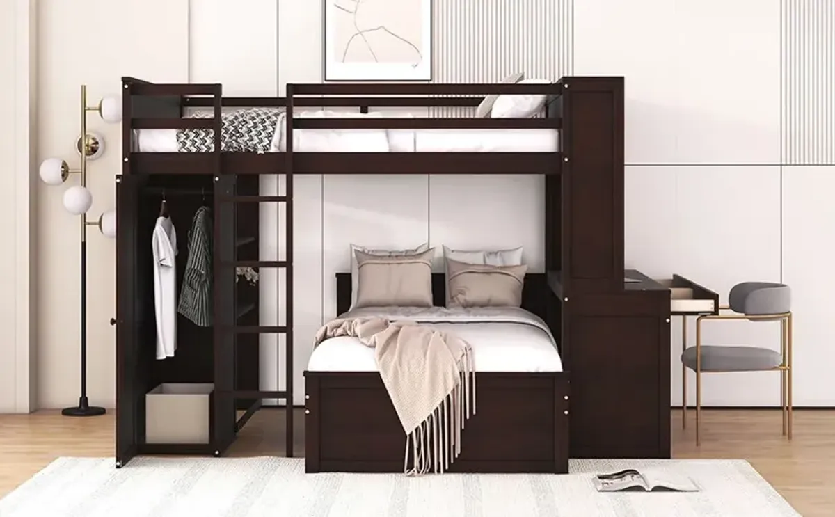 Loft Bed With A Twin Size Standalone Bed, Shelves, Desk, And Wardrobe