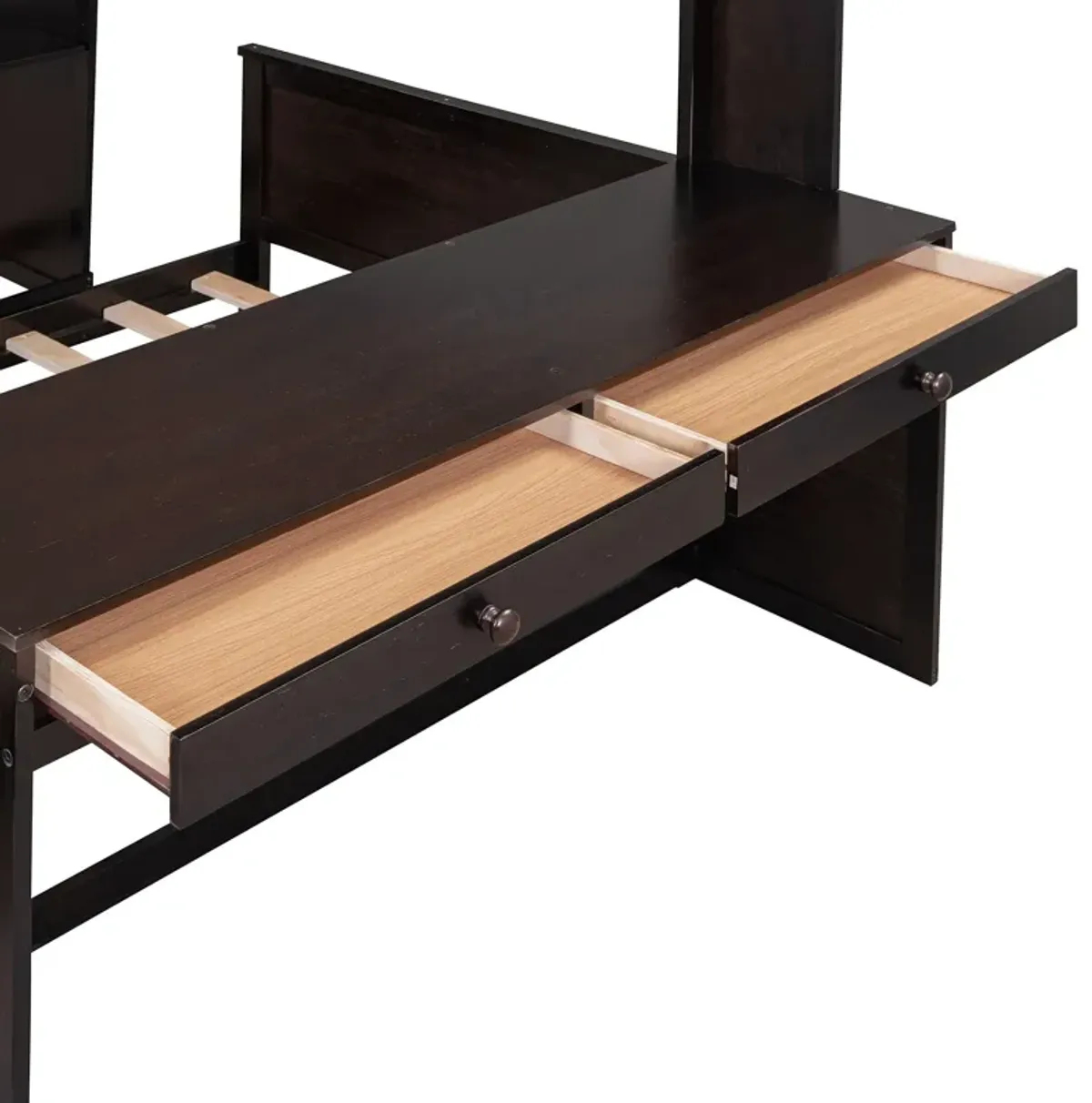 Loft Bed With A Twin Size Standalone Bed, Shelves, Desk, And Wardrobe