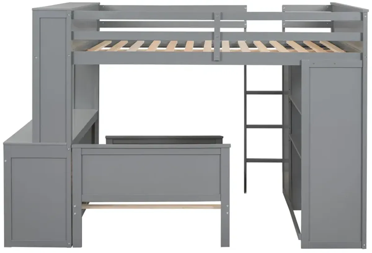 Loft Bed With A Twin Size Standalone Bed, Shelves, Desk, And Wardrobe