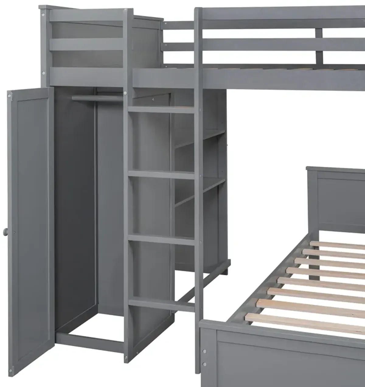 Loft Bed With A Twin Size Standalone Bed, Shelves, Desk, And Wardrobe
