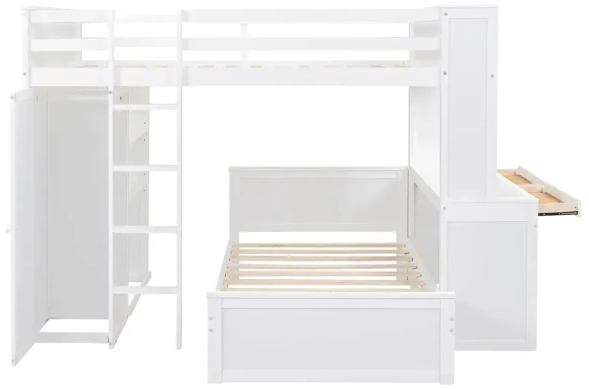 Loft Bed With A Twin Size Standalone Bed, Shelves, Desk, And Wardrobe