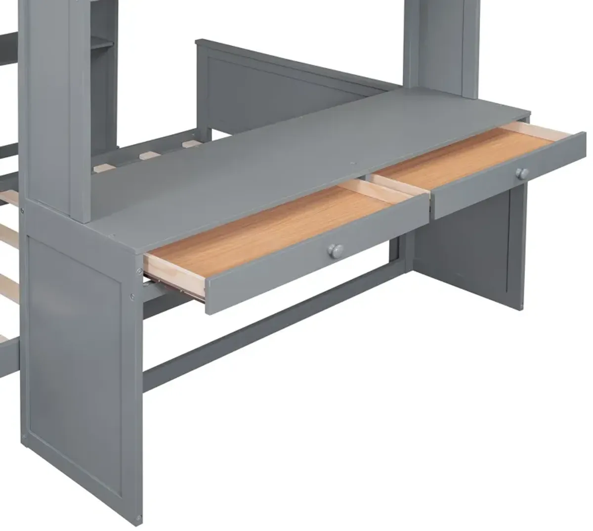Loft Bed With A Twin Size Standalone Bed, Shelves, Desk, And Wardrobe