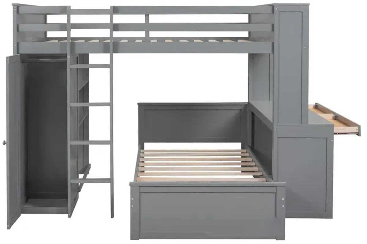 Loft Bed With A Twin Size Standalone Bed, Shelves, Desk, And Wardrobe