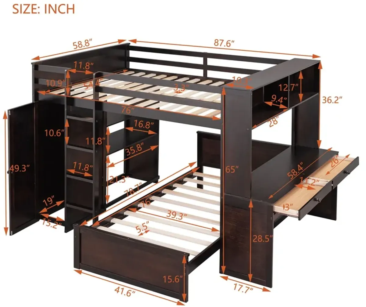 Loft Bed With A Twin Size Standalone Bed, Shelves, Desk, And Wardrobe